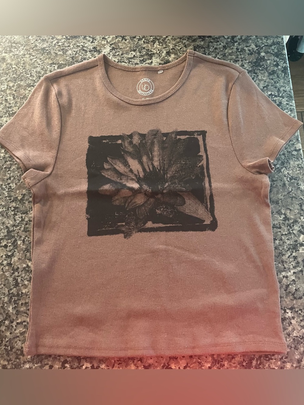Urban Outfitters Brown Short-Sleeve Tee with Black Floral Graphic
